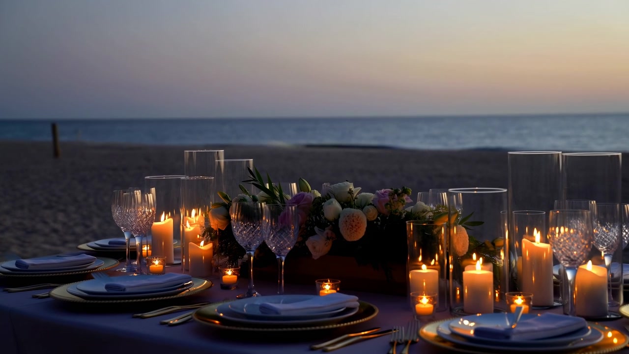 Mesa posta ao ar livre à beira-mar exibe velas, arranjos florais, copos de vidro e talheres, enquanto a luz suave do pôr do sol se reflete na água calma com uma composição panorâmica equilibrada