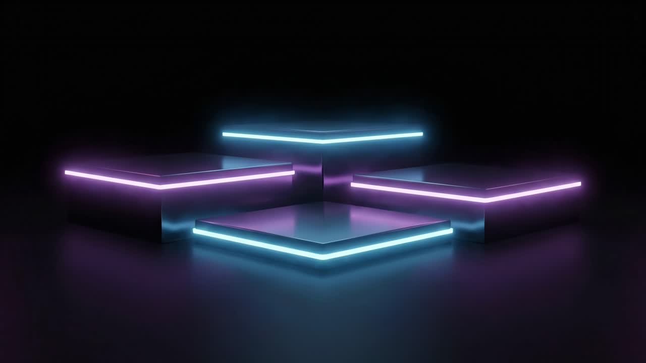 Futuristisk neonoplyste podier i et mørkt studie