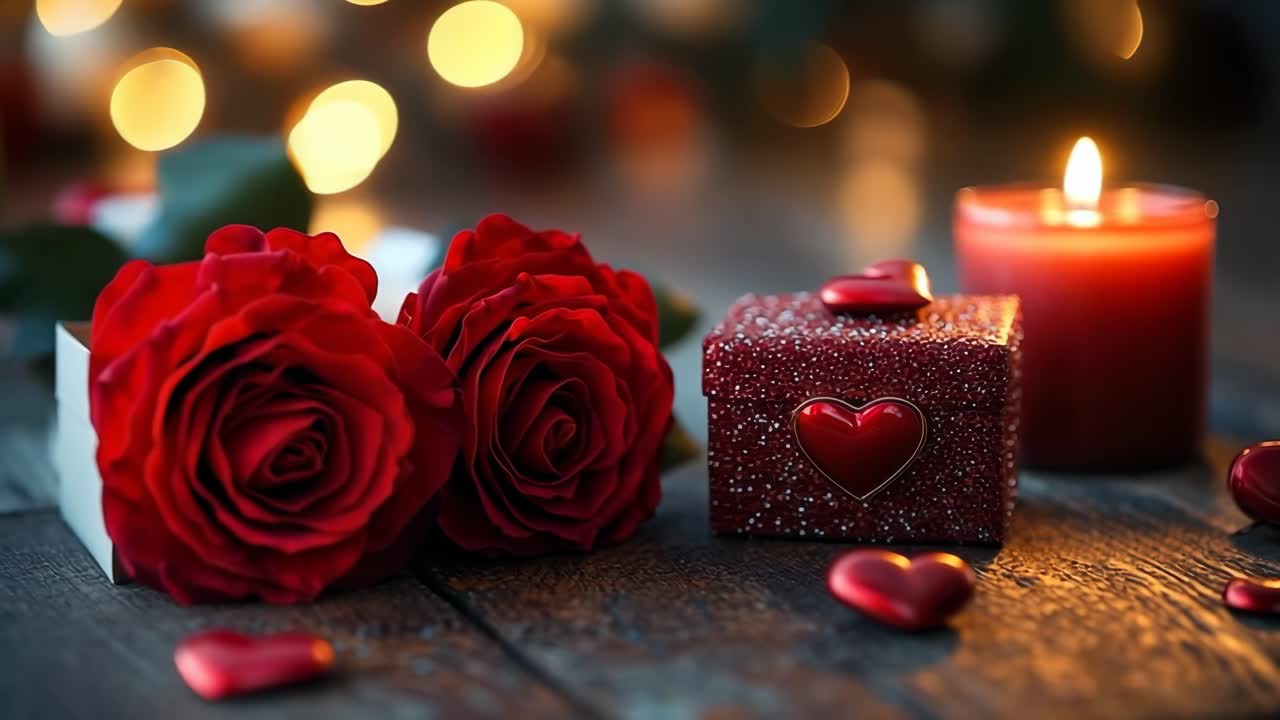 Romantic night. Two red roses, a heart-decorated gift box, and a glowing candle set a romantic mood for a special occasion.