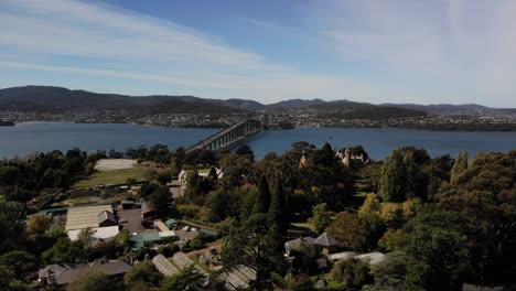 hobart tasmania bay bridge drone panoramic view of nature, water and trees in 4k daylight