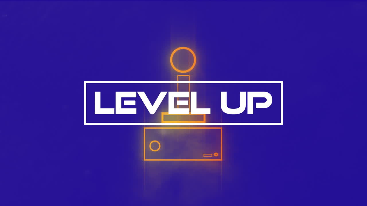 Animation of level up text over neon joystick on blue background