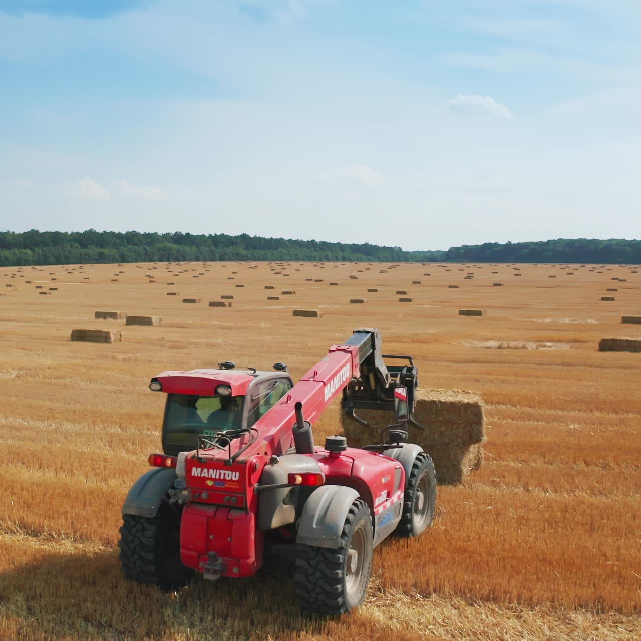 Little red powerful loader takes a straw bale and puts it on top of other bale. Agricultural machinery working in the field picking straw