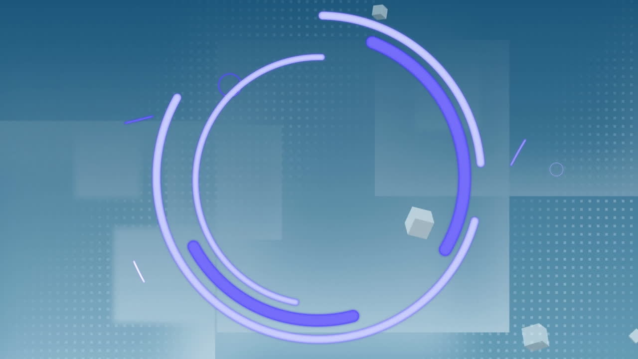 파란색 점과 사각형에 떠다니는 회색 큐브와 함께 보라색  ⁇ 박이는 눈 모양의 애니메이션