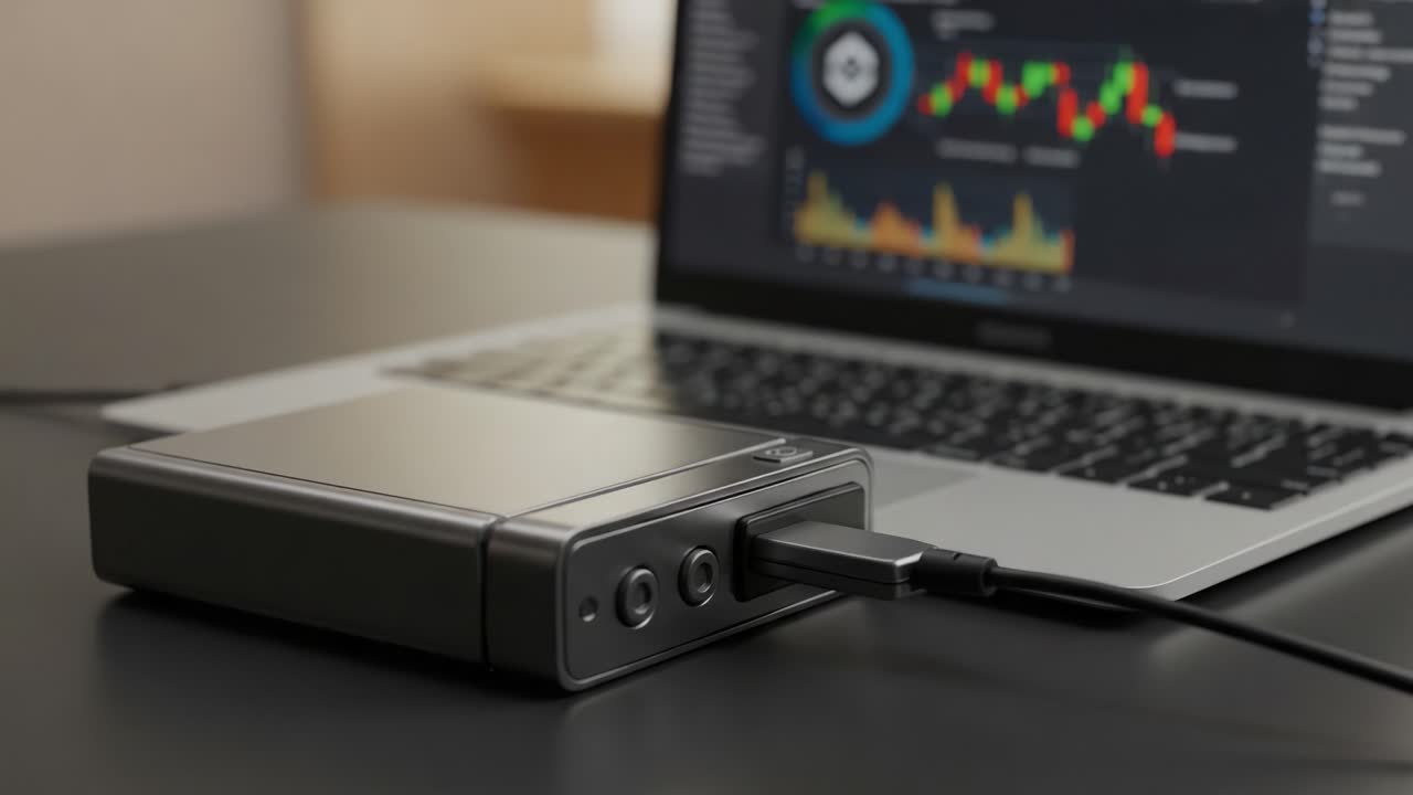 A modern digital interface showcases a sleek external device connected to a laptop, illustrating the integration of technology in everyday tasks with user-friendly design and functionality
