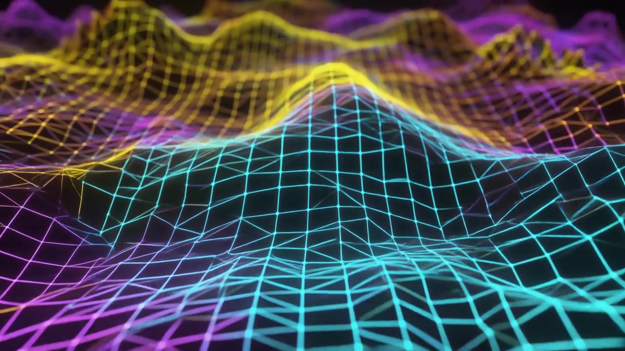 Abstract Digital Grid Wave Motion with Vibrant Neon Colors