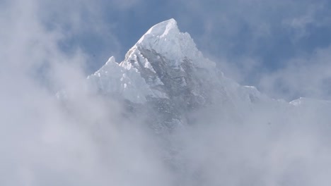 Close-up-of-the-icy-rocky-summit-of-Langtang-Lirung-against-a-blue-sky