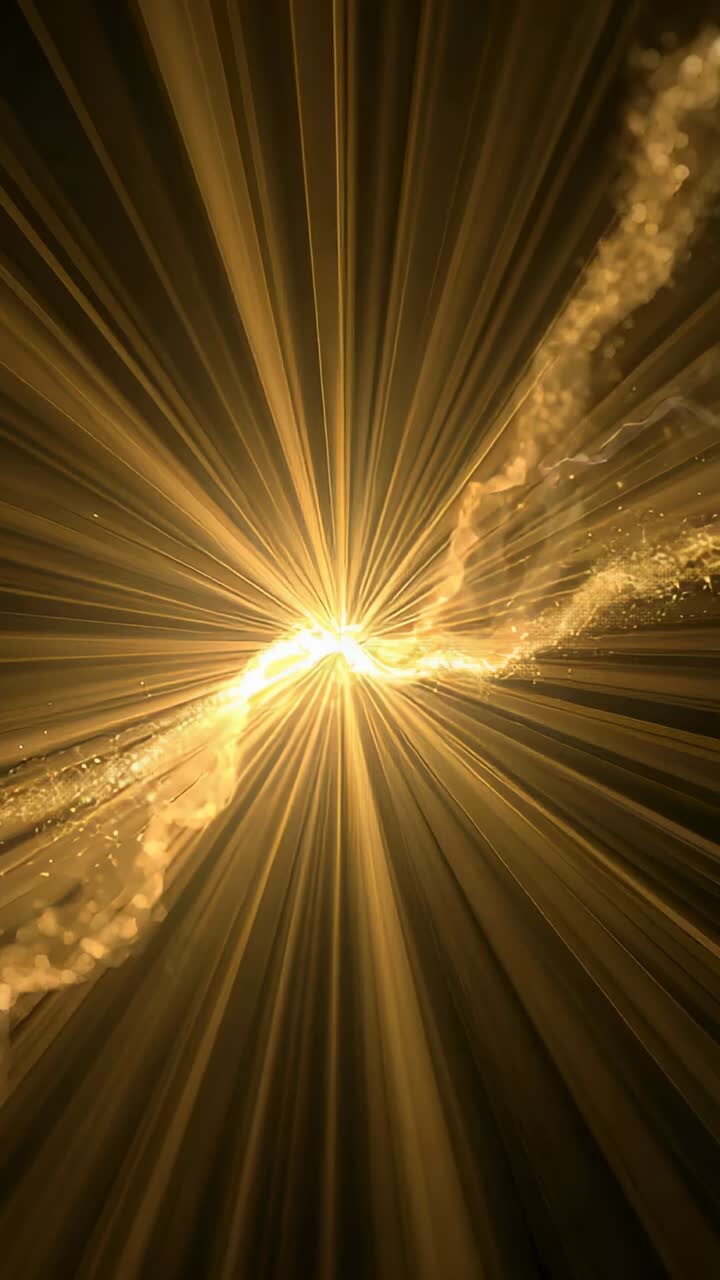 Video verticale: Nucleo luminoso che invia raggi e particelle attraverso un tunnel di luce, creando movimento