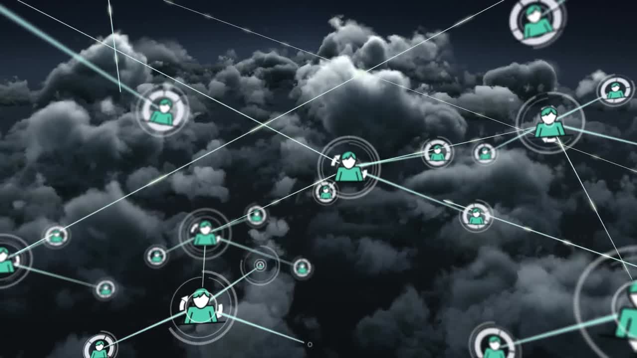 animación de la red de conexiones con las personas iconos sobre el cielo con nubes