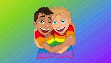 animación de dos niños abrazándose sobre las rayas del arco iris