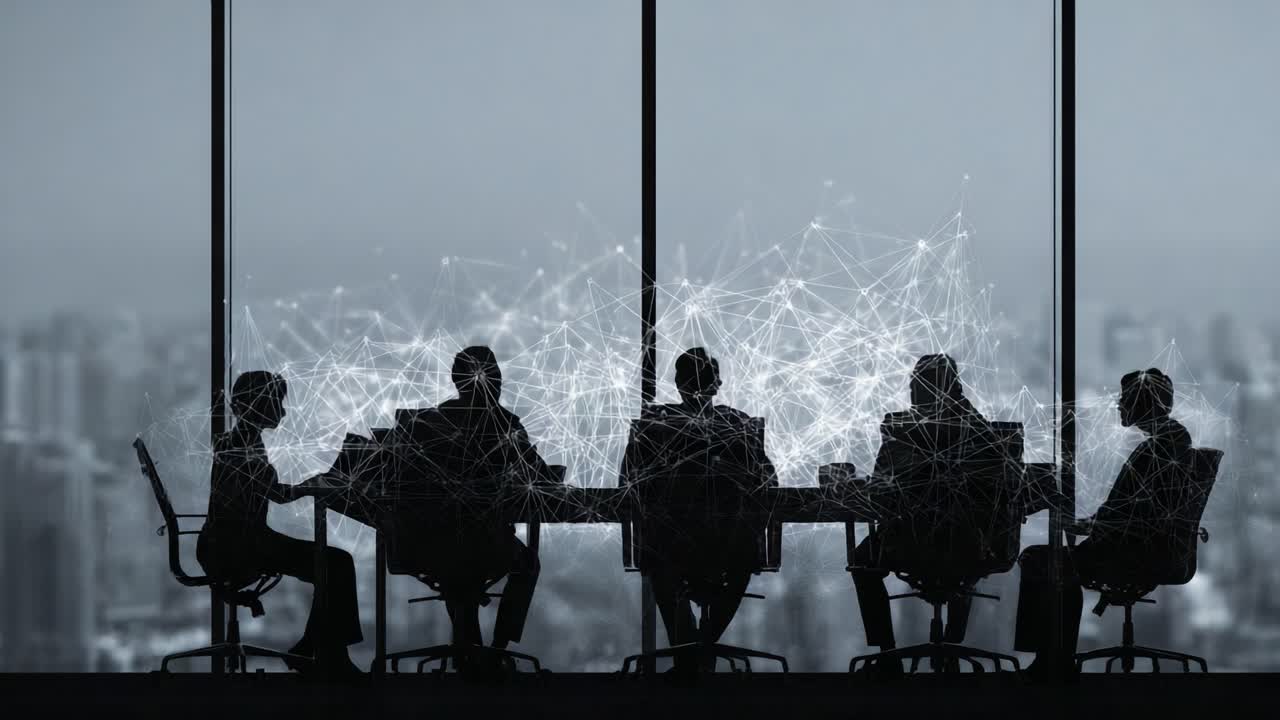 A Diverse Group of Professionals Engaging in a Collaborative Meeting, Analyzing Data Insights with a Futuristic City Backdrop and Connecting Networks