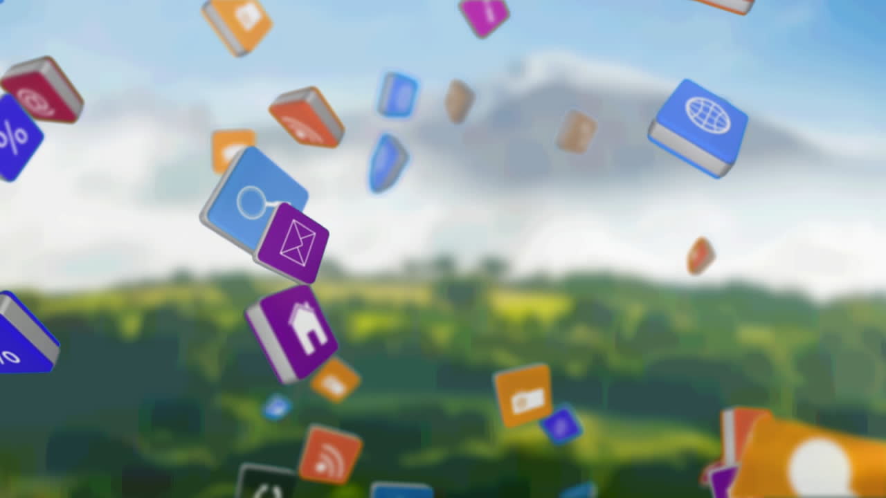 Animation of digital icons flying over landscape