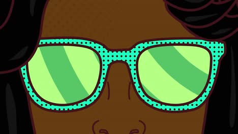 Animation-of-comic-face-wearing-sunglasses-with-rotating-green-stripes-moving-in-seamless-loop