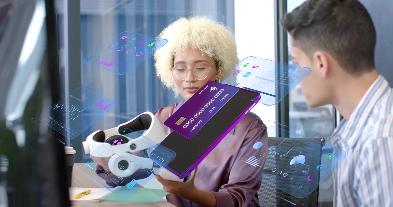 Woman picking up VR headset showcasing holographic payment card shifting UI panels in business demo