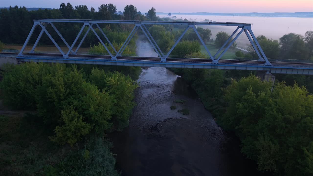 Aerial, Sunrise Foggy Scenery, Steel Railway Structure, Train Tracks