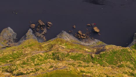 Starting-in-the-green-cliffs-of-Iceland,-drone-shot-which-advances-to-reveal-the-black-sand-beach-in-topshot-as-well-as-the-sea-and-the-waves