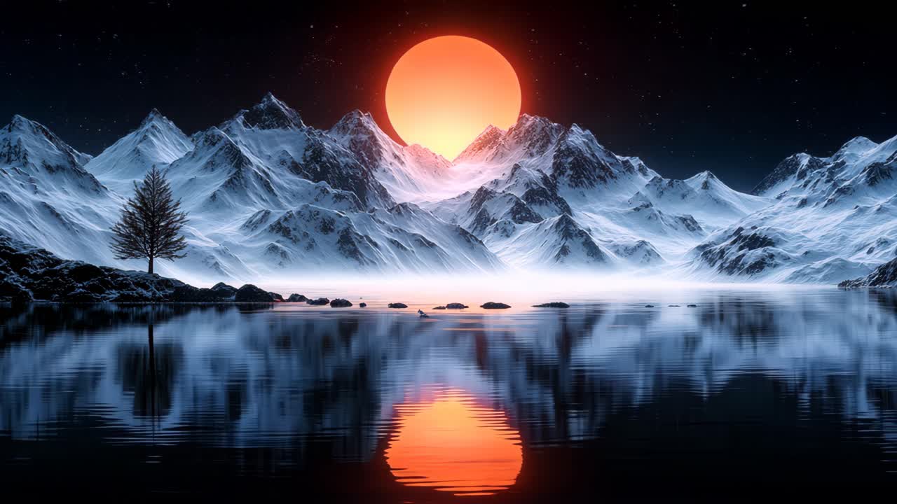 A mountain range with a large red sun in the sky. The sun is reflecting off the water, creating a beautiful and serene scene