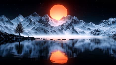 a mountain range with a large red sun in the sky. the sun is reflecting off the water, creating a beautiful and serene scene