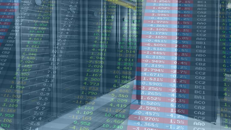 Animation of stock market over server room
