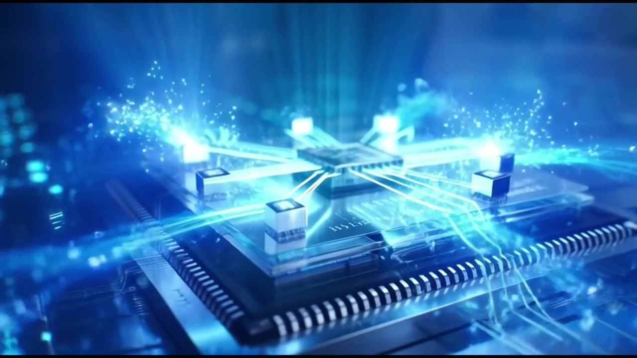Digital Microchip Processing Data with Glowing Blue Light Effects