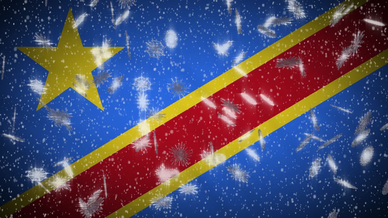 Congo DR flag falling snow loopable, New Year and Christmas background, loop