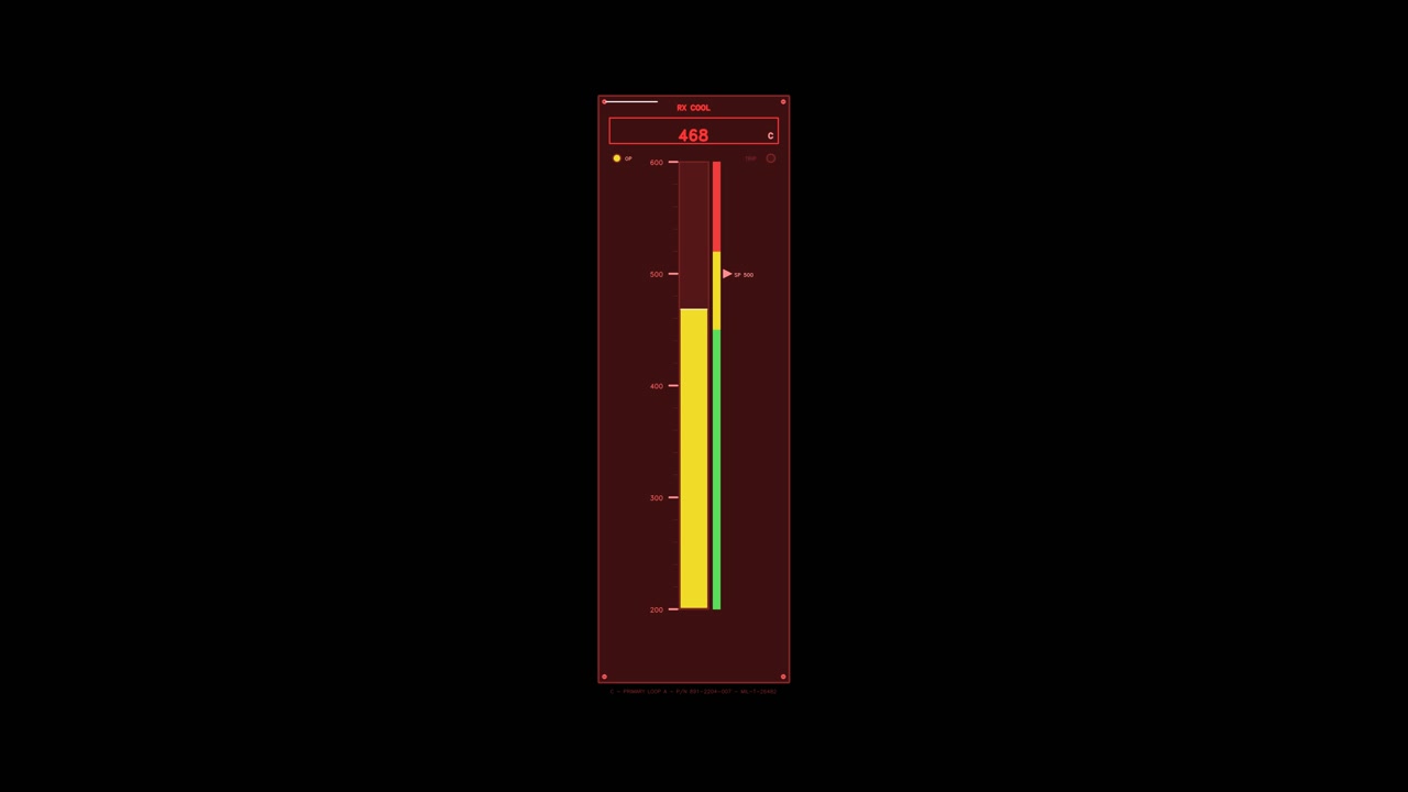 A vertical digital temperature gauge with a descending status bar and numerical readout in Celsius. This red interface element features color coded zones and loops seamlessly.