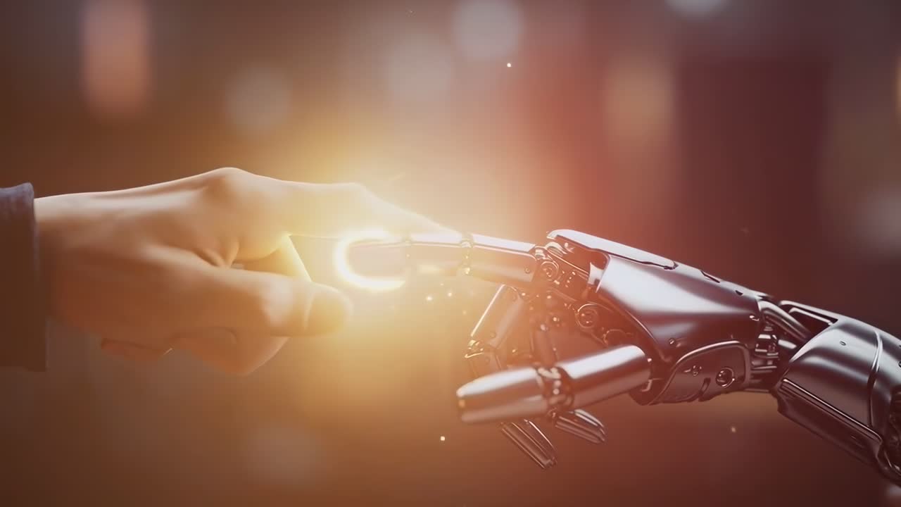 Close-up video still of a human hand touching a robotic finger, symbolizing connection