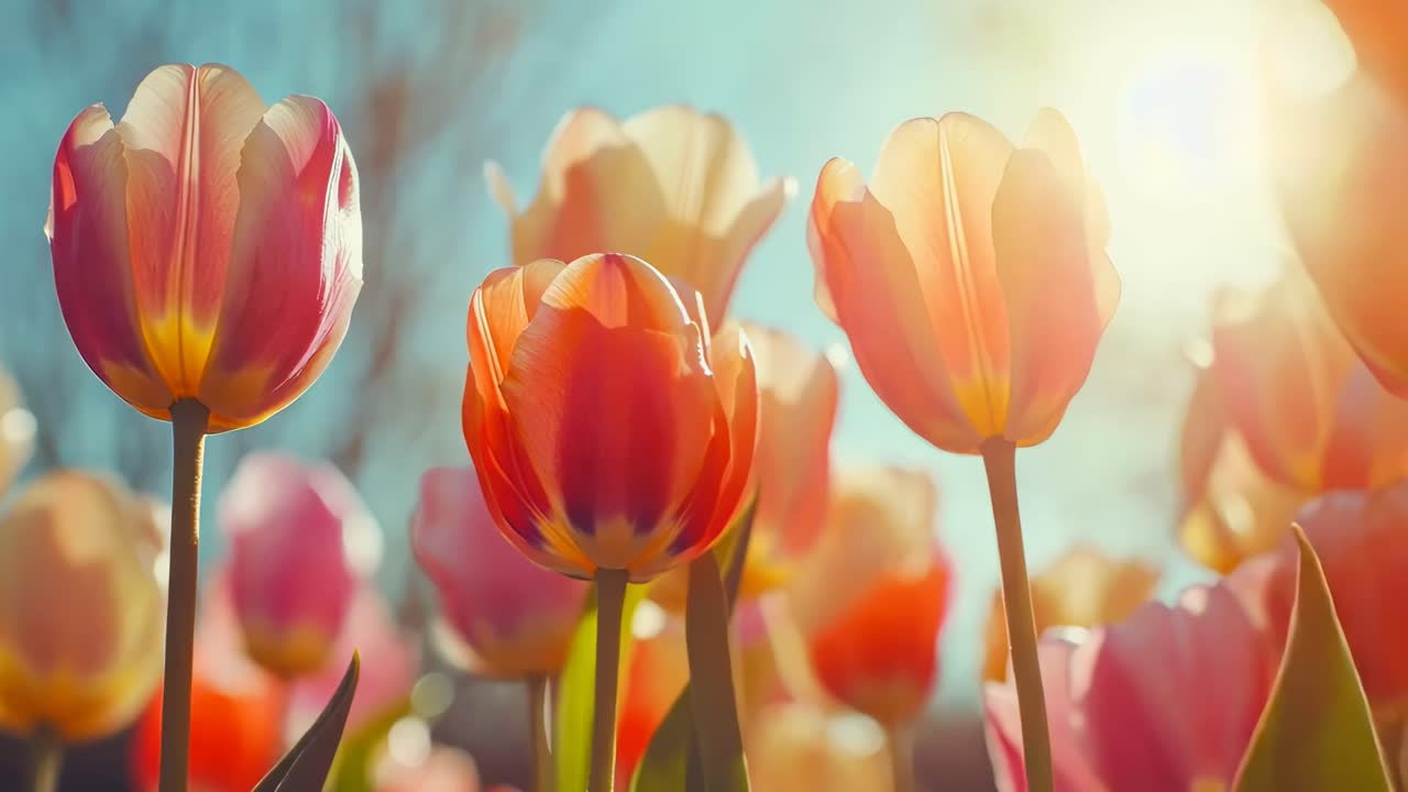 Een video vanuit een lage hoek legt levendige tulpen vast die baden in het zonlicht, waardoor een serene en kleurrijke sfeer ontstaat