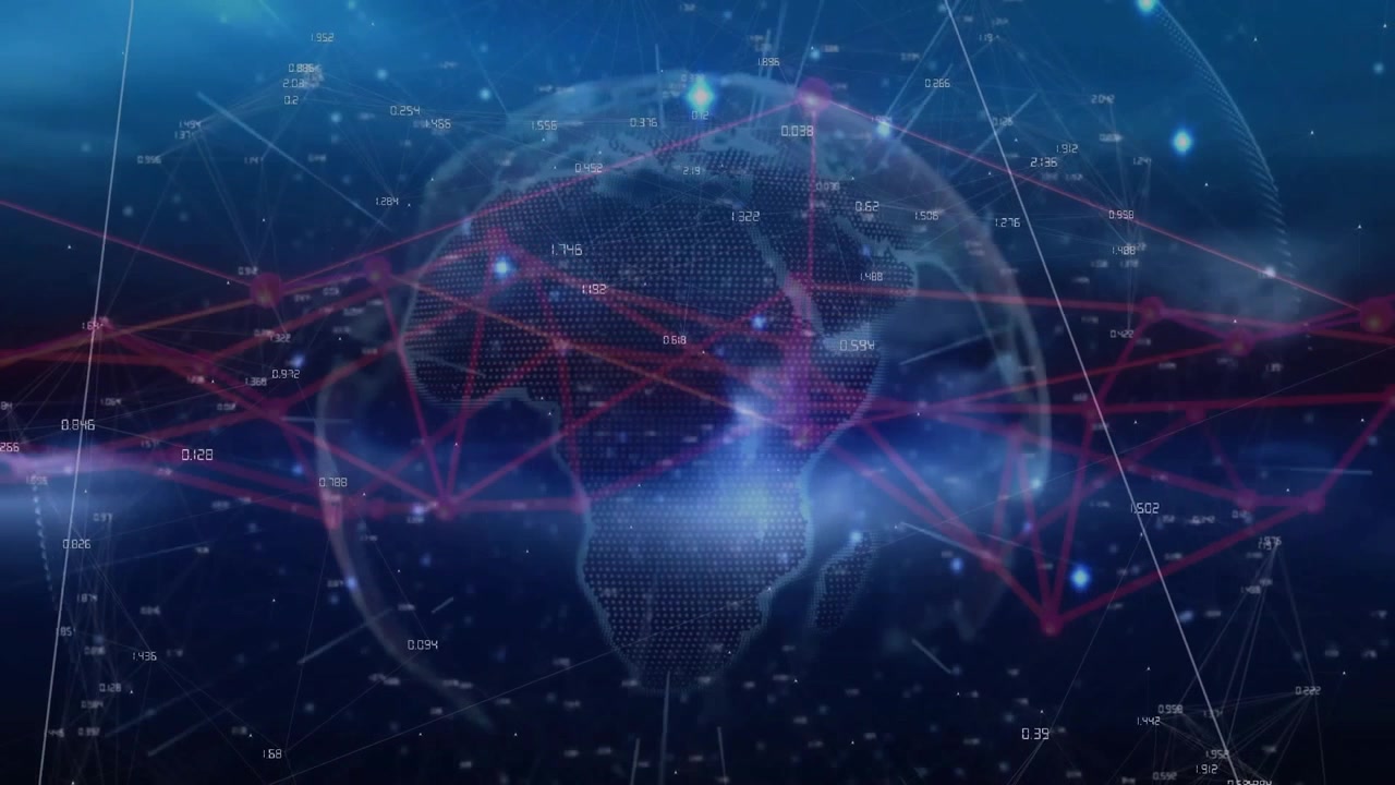 Digital globe appearing, rotating network lines connecting nodes and updating to convey data flow