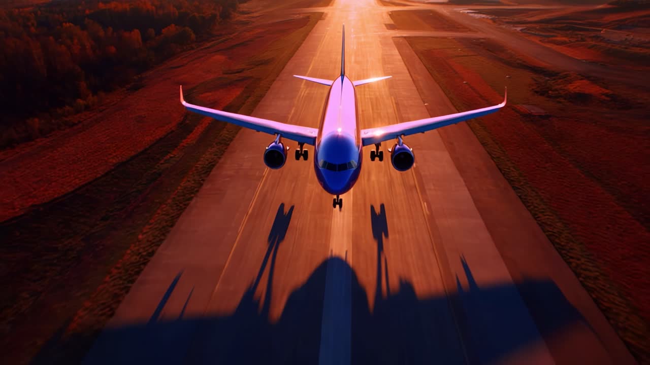 A majestic airplane gracefully glides down the runway, capturing the brilliant hues of a stunning sunset that paints the sky in vibrant colors, casting long shadows as it prepares for takeoff into the evening sky