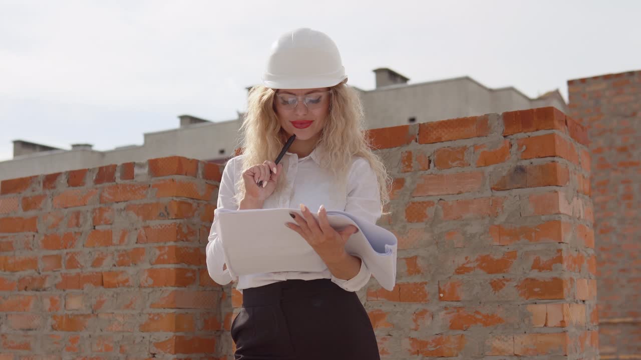 Female architect in business attire standing outdoors at construction site. The inspector monitors compliance with technical regulations at the construction site