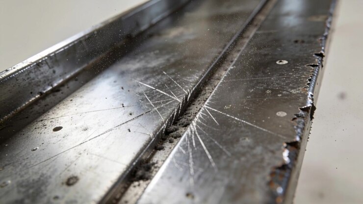 Gusting air lifting dust particles from metal rail groove on workbench, revealing corroded lip