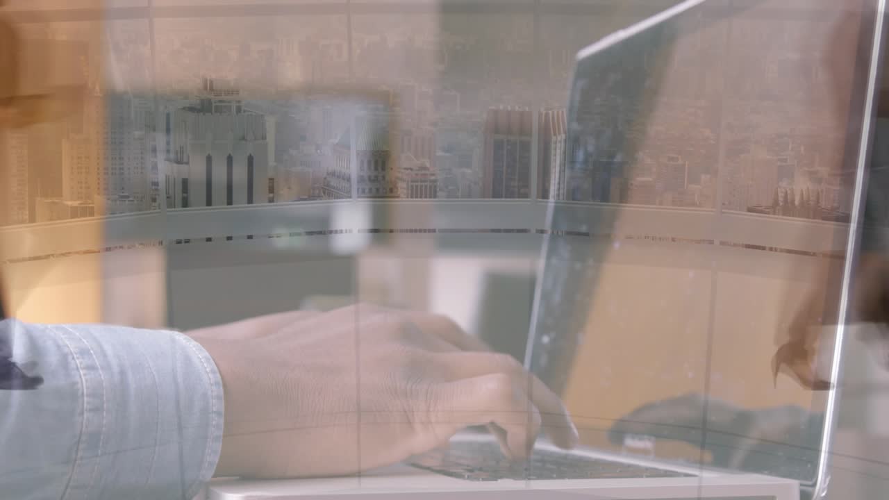 Animation of walking people over businessman using laptop