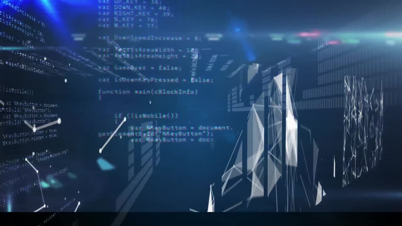 검은색 배경에 움직이는 기둥 위의 데이터 처리 및 빛 트레일의 애니메이션