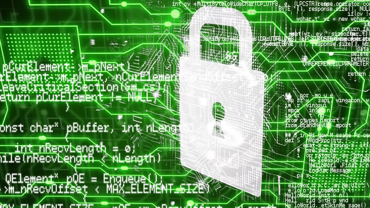 Animation of padlock and data processing over circuit board background