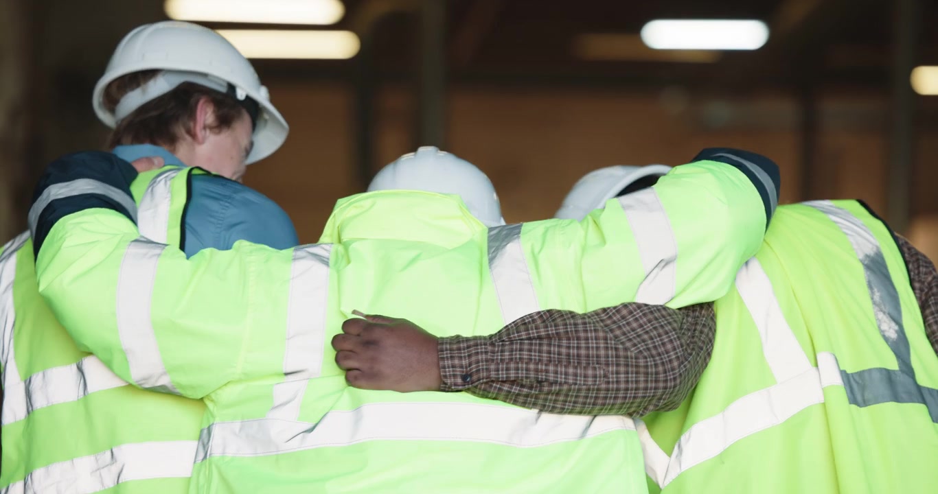 Construction Workers Huddling Together in Support and Solidarity