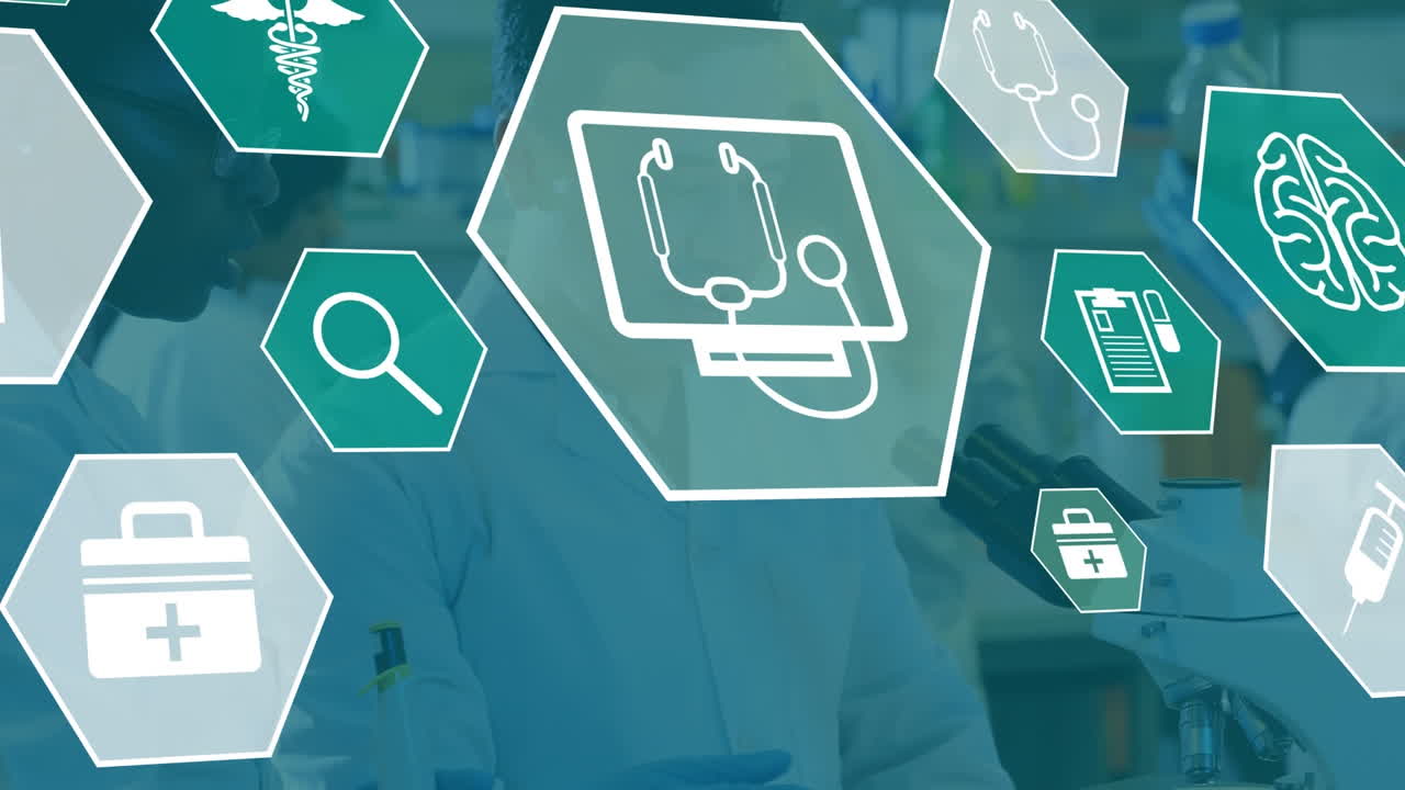 animación de iconos médicos sobre diversos científicos masculinos y femeninos usando el microscopio en el laboratorio.