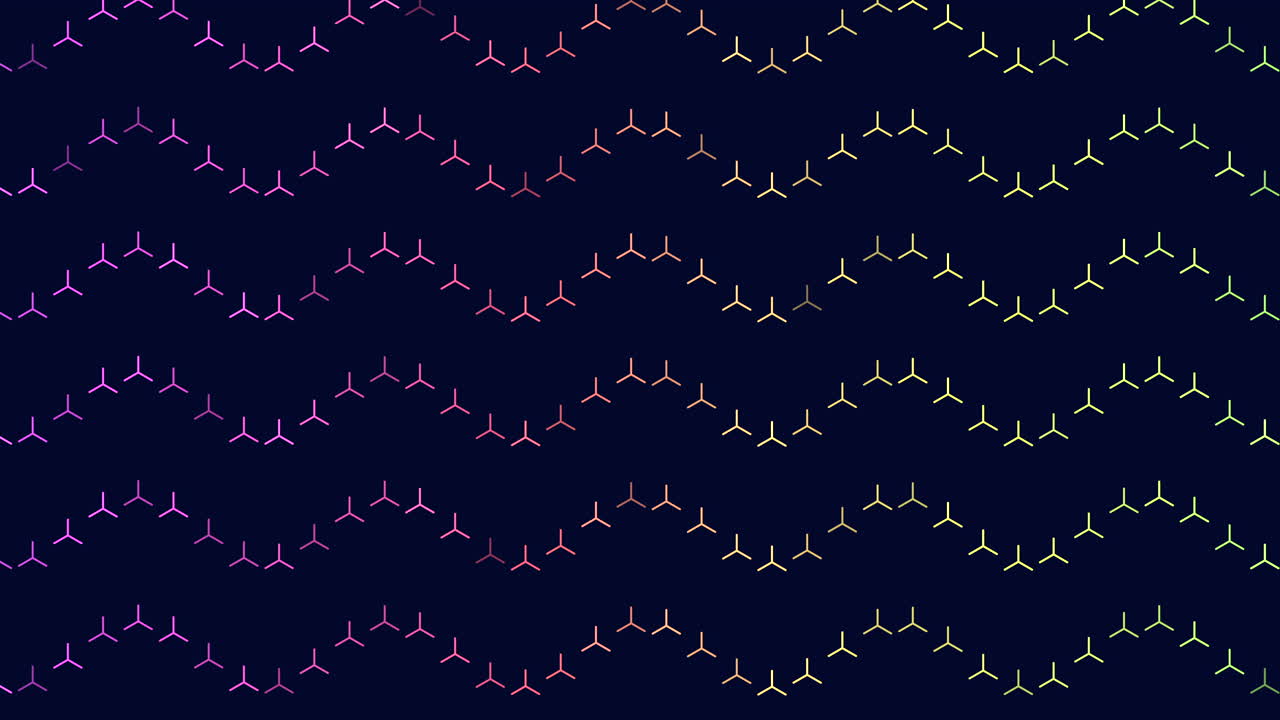Seamless neon abstract background with rotating geometric shapes forming wavy lines on a dark backdrop, ideal for modern motion graphics, technology presentations and digital backdrops