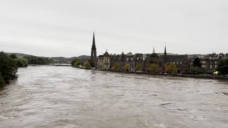 wide shot above river tay during flooding in perth on 8