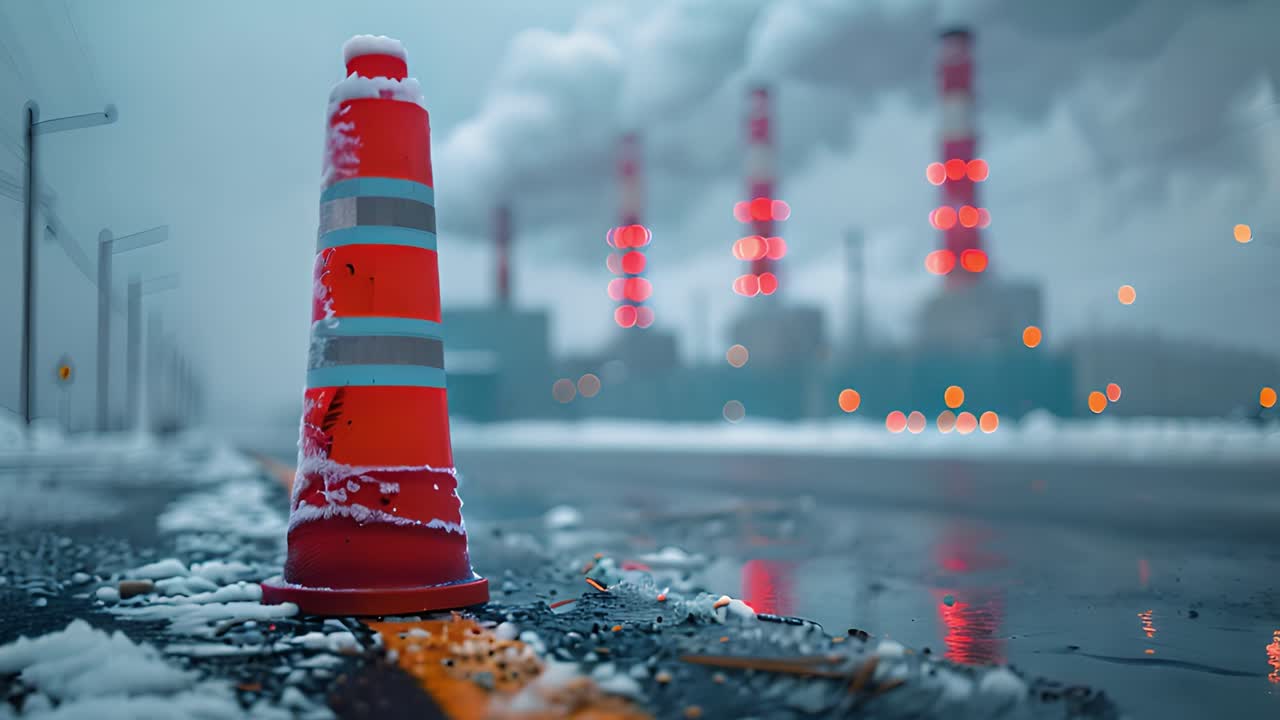 Orange Traffic Cone on a Snowy Road with Industrial Chimneys in the Background