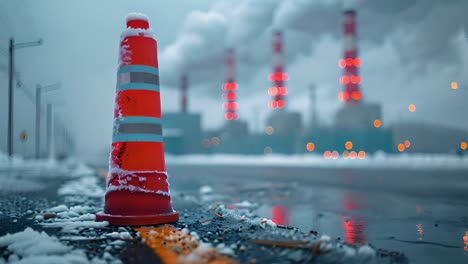 orange traffic cone on a snowy road with industrial chimneys in the background