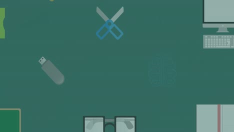 animación de iconos de equipos escolares que se mueven en el fondo verde de la pizarra