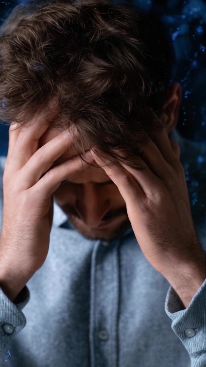 Un uomo in difficoltà: catturare il peso emotivo dell'ansia e del sopraffazione in un momento di lotta personale, con la testa tra le mani e un'atmosfera riflessiva.