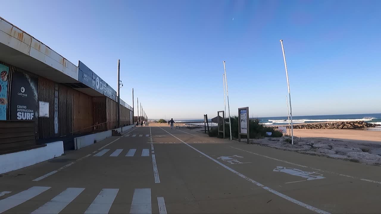 사람 들 과 그 들 의 개 는 포르투갈 의 해변 을 따라 걸으면서 평화로운 해가 뜨는 것 을 즐기고 있다