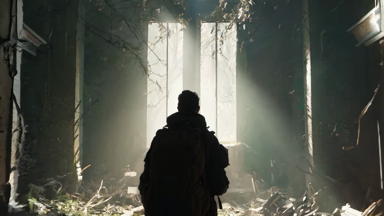 버려진 건물 에 서 있는 배 을 가진 남자