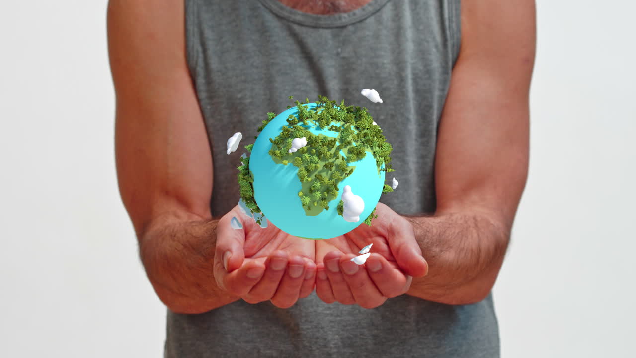 Hombre sosteniendo y protegiendo un globo terráqueo animado