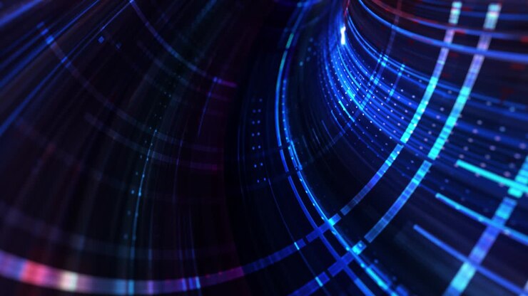Luci al neon astratte, tunnel futuristico Sci-Fi Hi-Tech di realtà virtuale. Grafica in movimento futuristica. Bagliore di luce al neon ultravioletta. Rendering 3D 4K, loop continuo.
