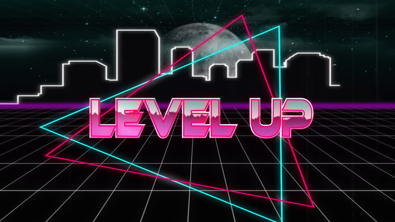 Level up text animation over neon geometric shapes and cityscape background