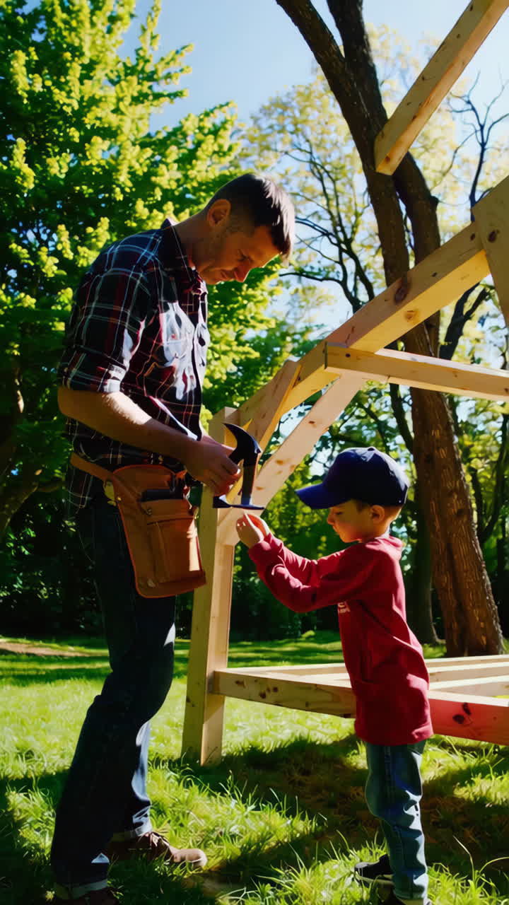 Father and Son Building a Wooden Structure