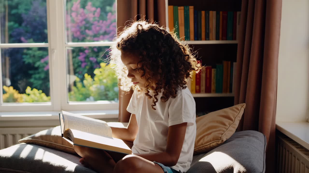 A young girl with curly hair reading a book by a sunlit window
