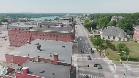 Drone-Footage-of-Neon-Sign-Says-"Hopeful"-in-Downtown-Bangor,-Maine